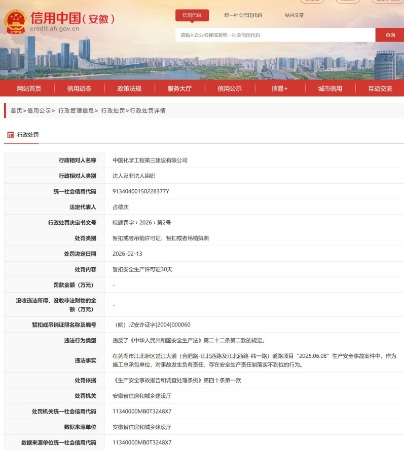 暂扣安全生产许可证30天！中国化学工程第三建设有限公司被罚(图1)